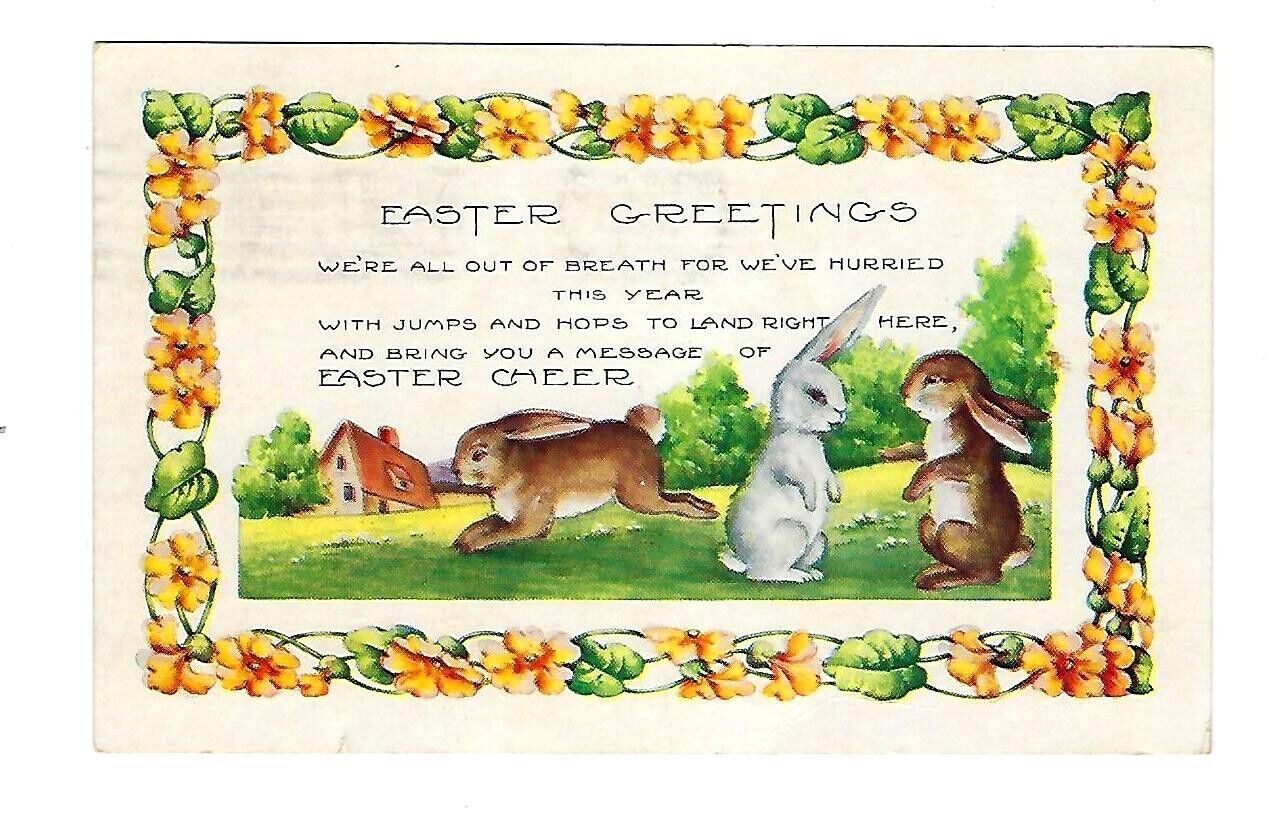 1925 Easter Postcard Bunnies Playing in a Field Embossed