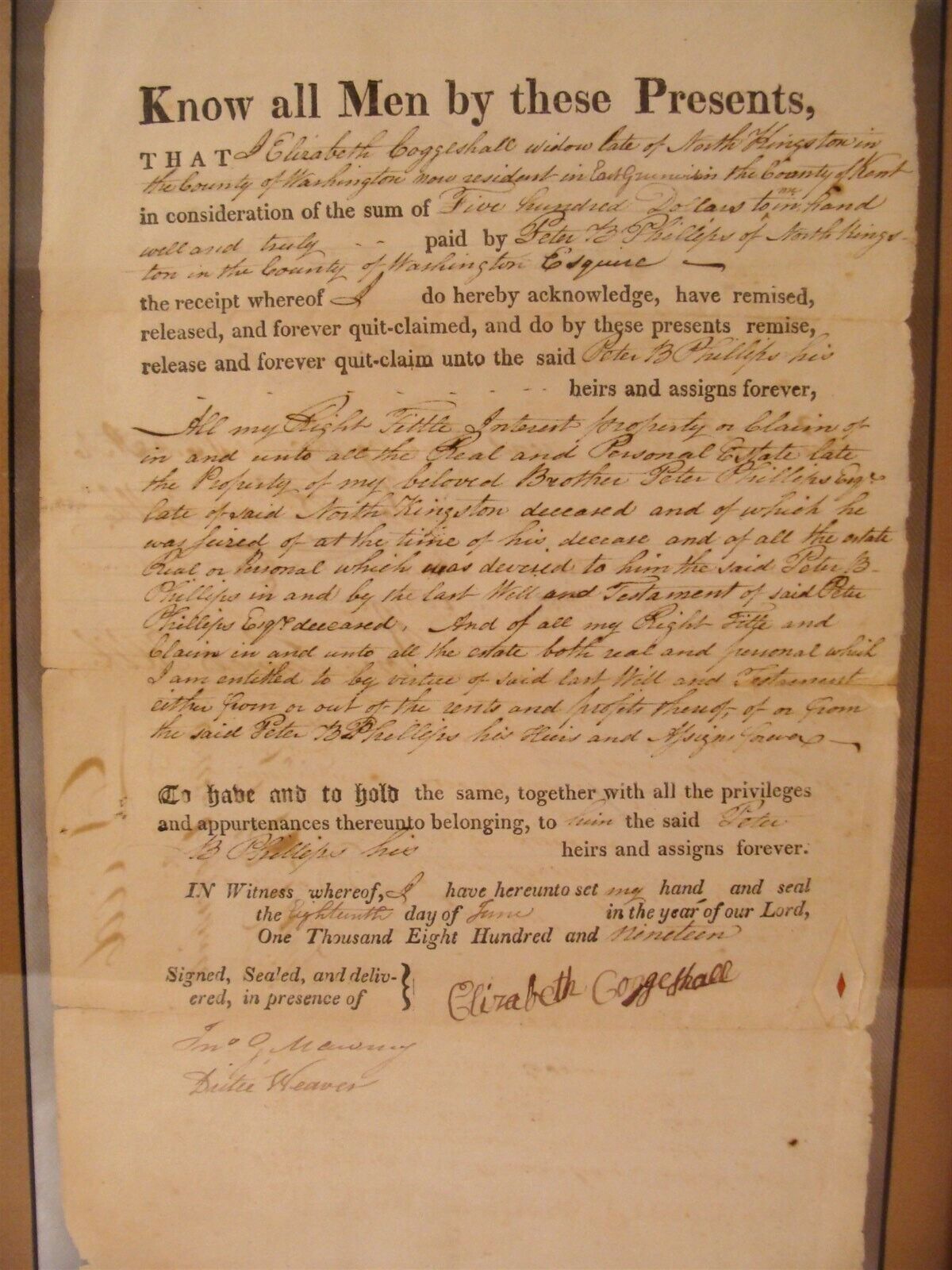 Antique 1819 North Kingston RI Deed Coggeshall Document