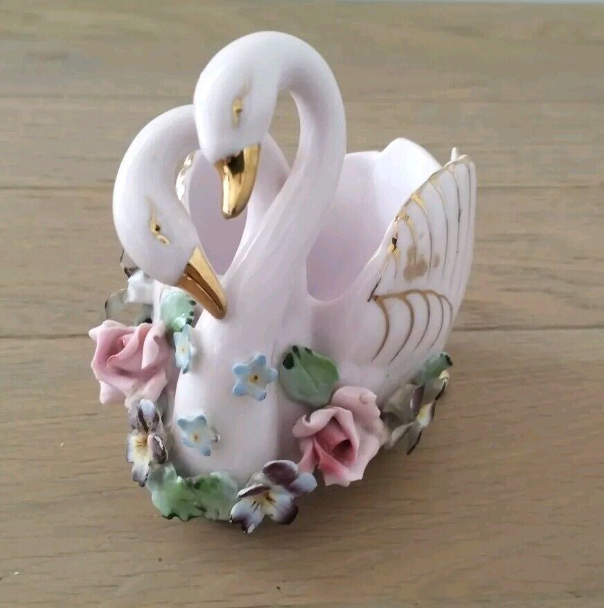Vintage Two Headed Ceramic Love Swans Made In Japan Collectable Adorable Gift 