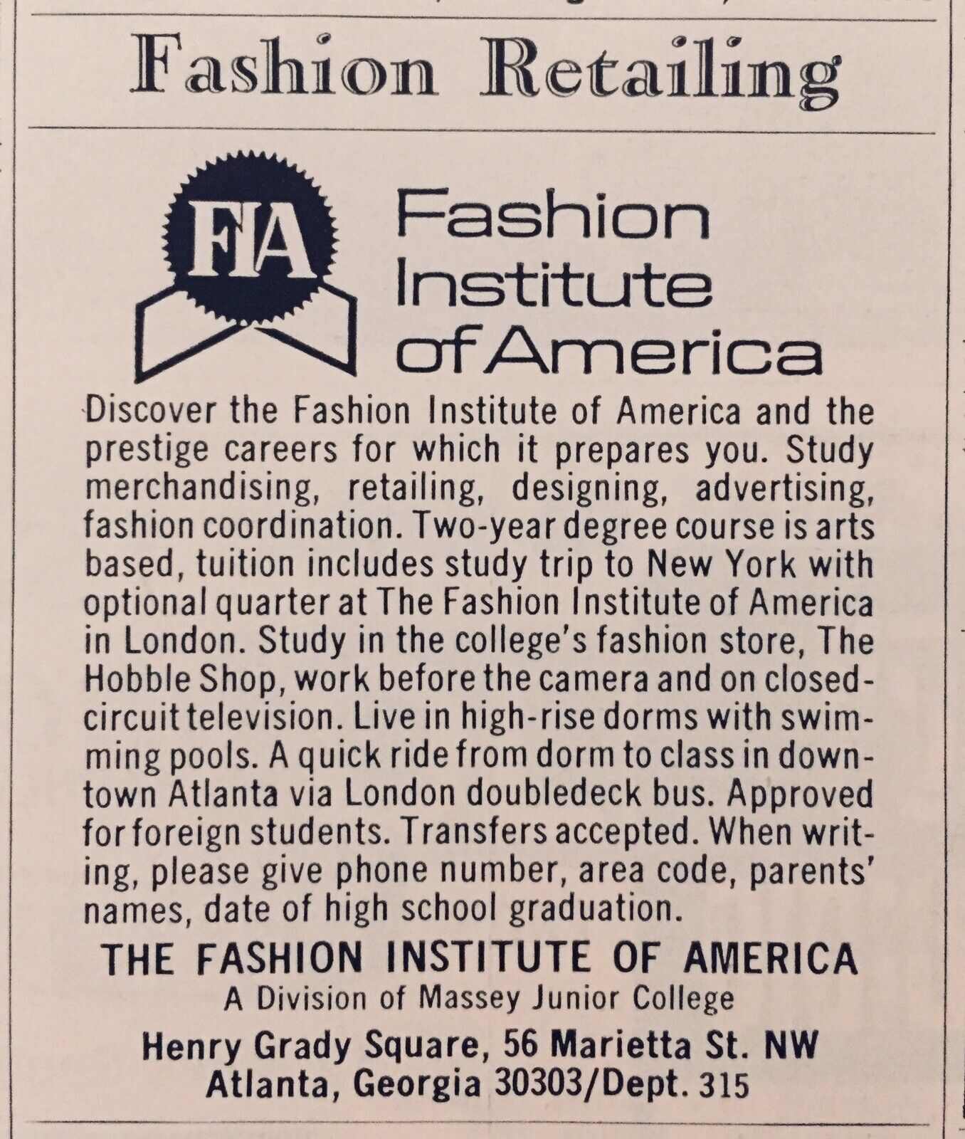 1969 Fashion Institute Of America FIA Atlanta Georgia 2.5\