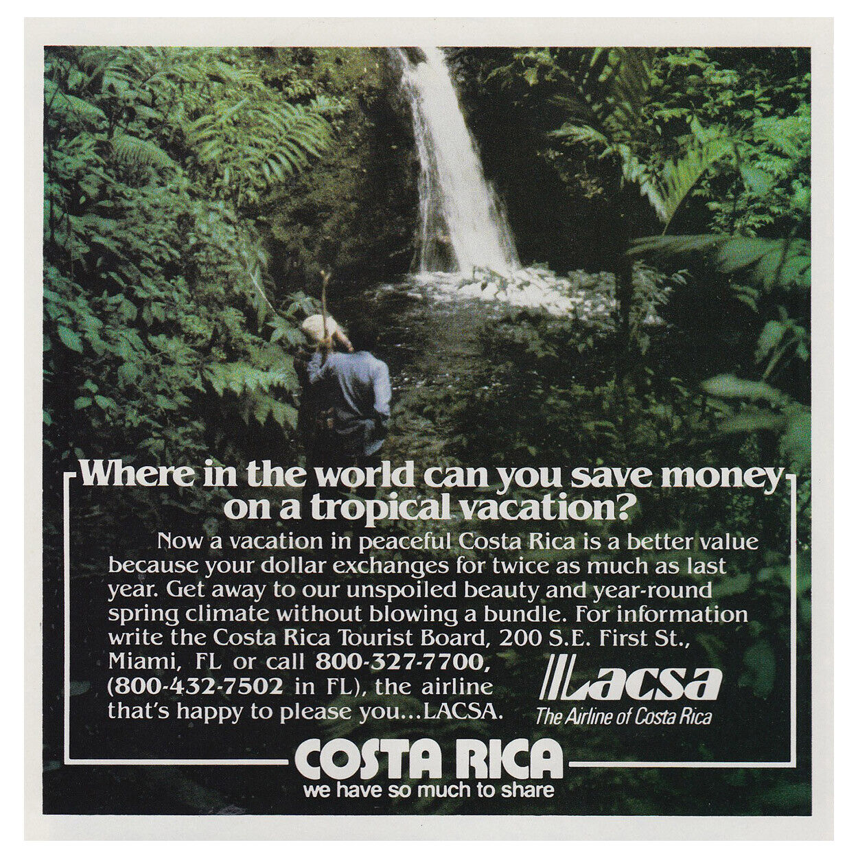 1982 Lacsa, Costa Rica: Tropical Vacation Vintage Print Ad