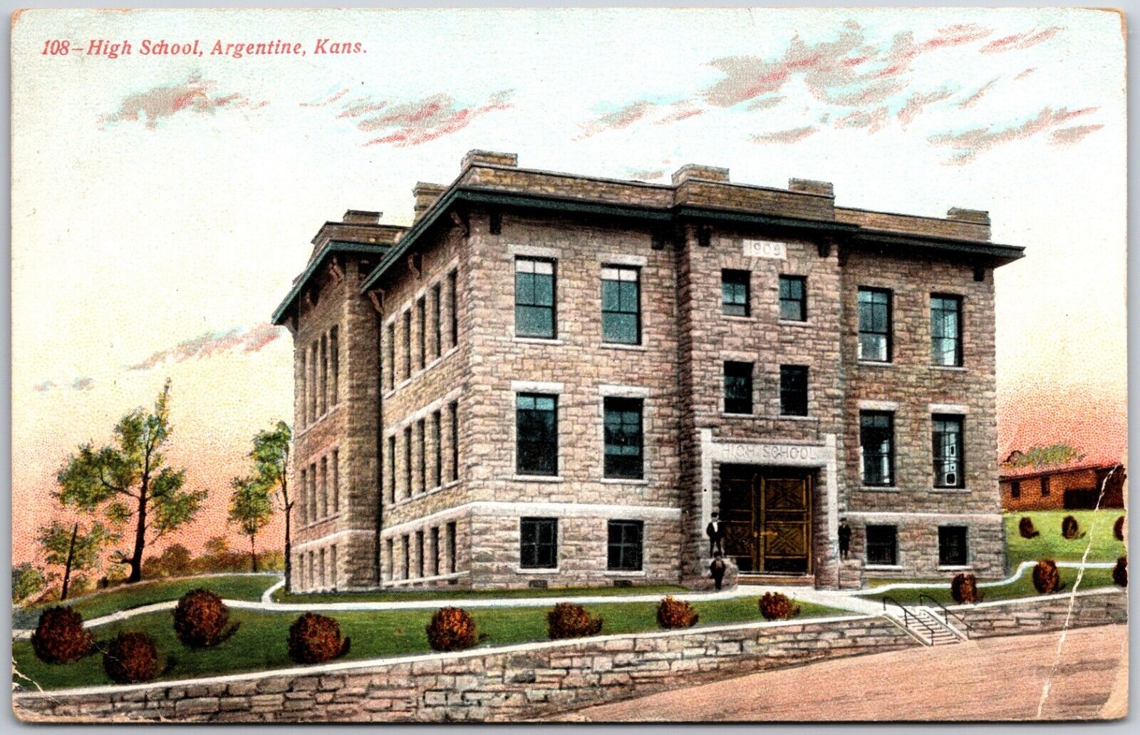 Argentine KS-Kansas, 1908 High School Street View Stone Building Old Postcard
