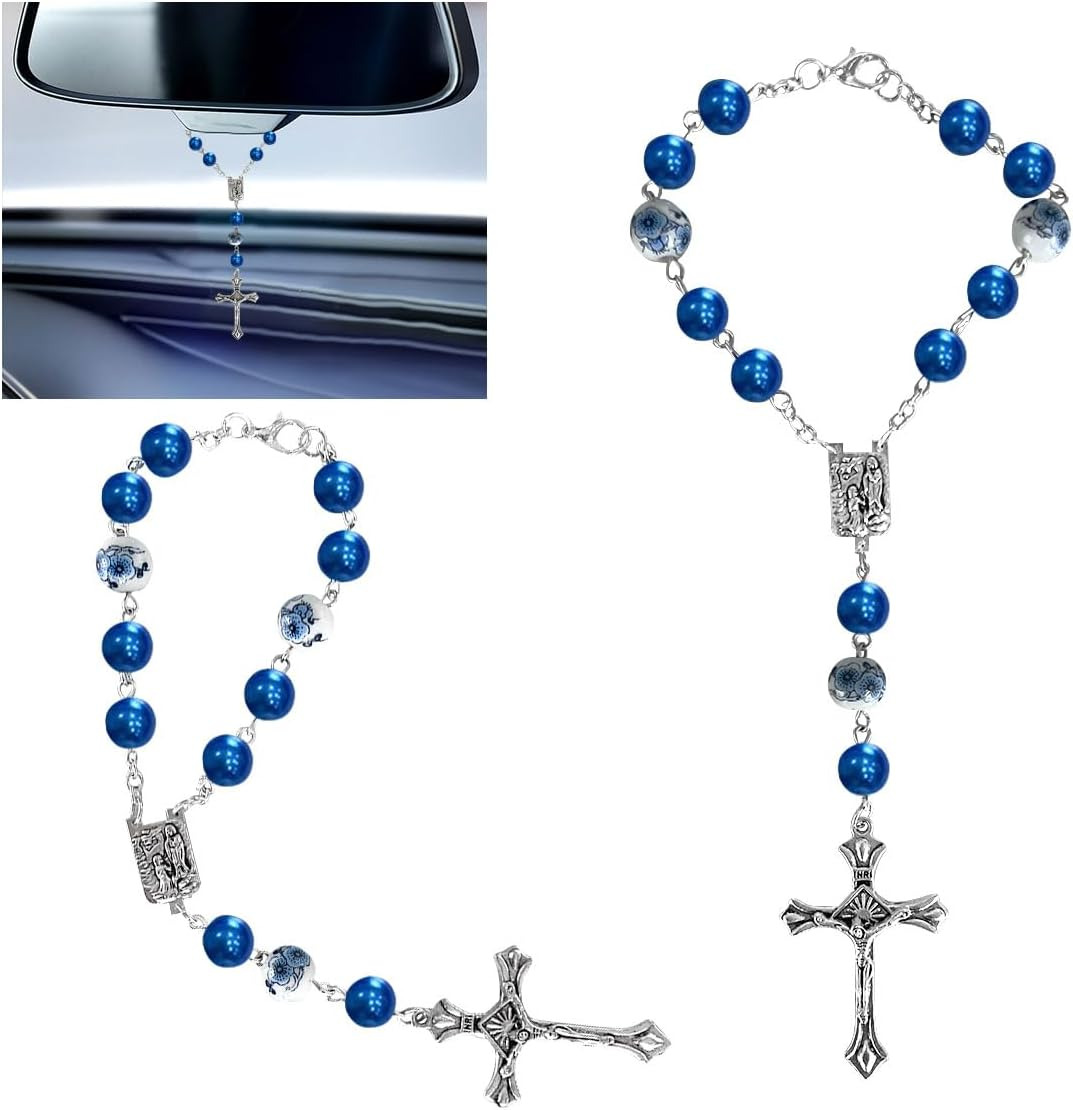 2PCS Car Rosary for Rearview Mirror, Blue Ceramic Beads Pendant Car Interior Rea