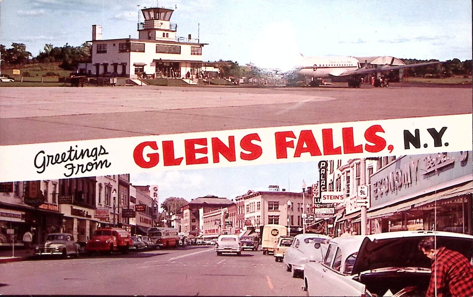 1950s GLEN FALLS NY STORE AIRPORT TOWN VIEW ANTIQUE GREETINGS LARGE POSTCARD Z86