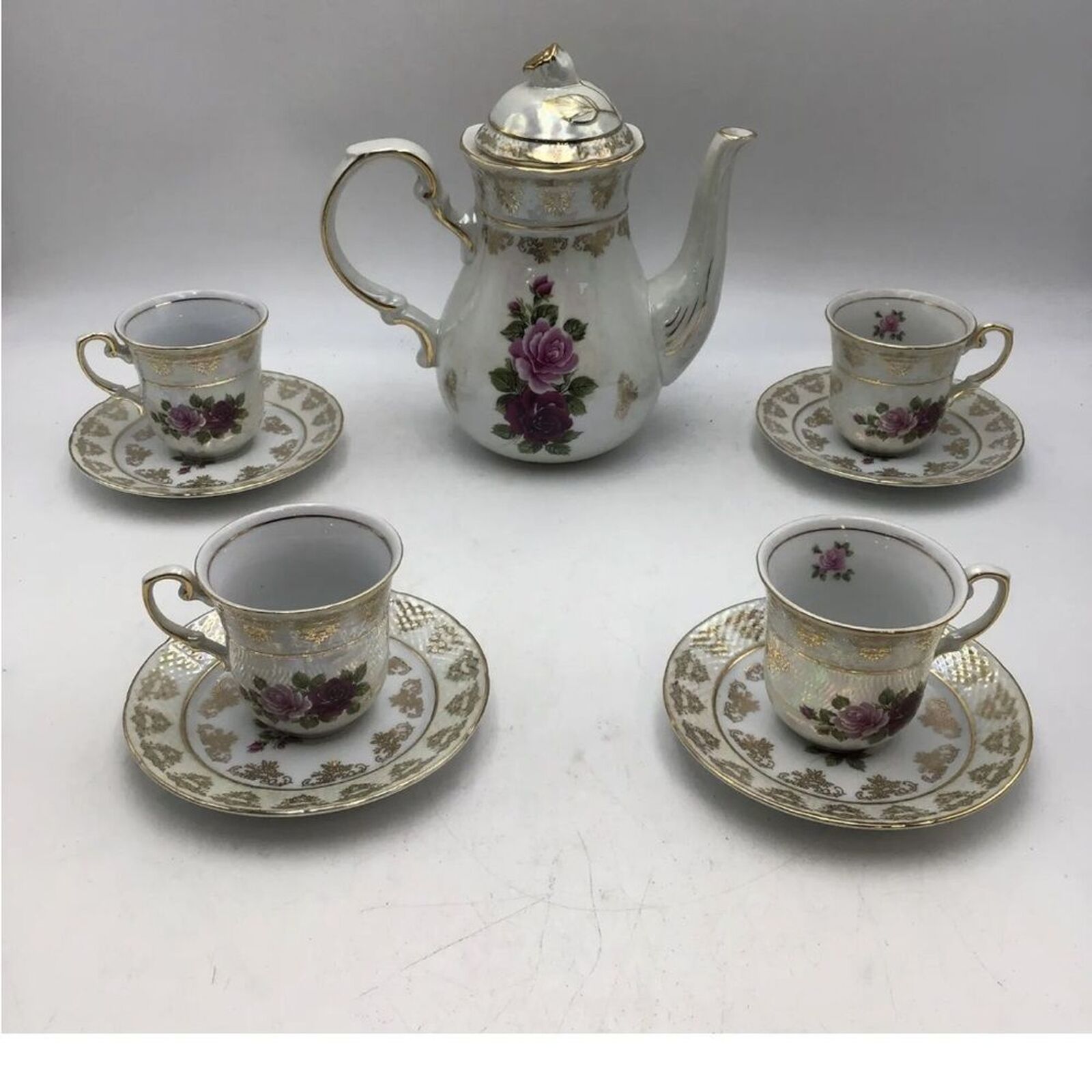 Vintage Antique Porcelain Gold Plated Floral Tea Set for 4