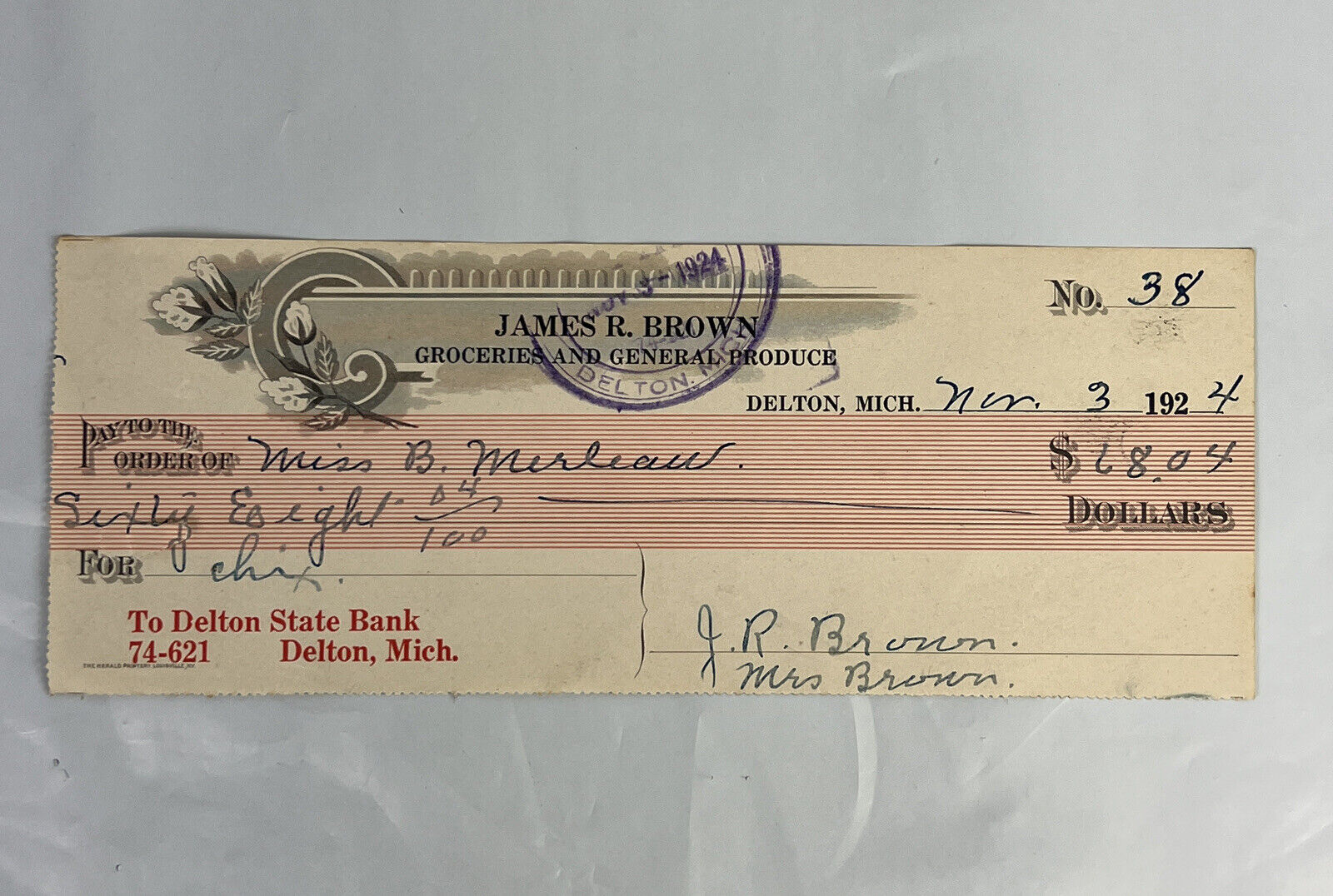 Delton Michigan 1924 James R Brown Groceries & General Produce Delton State Bank