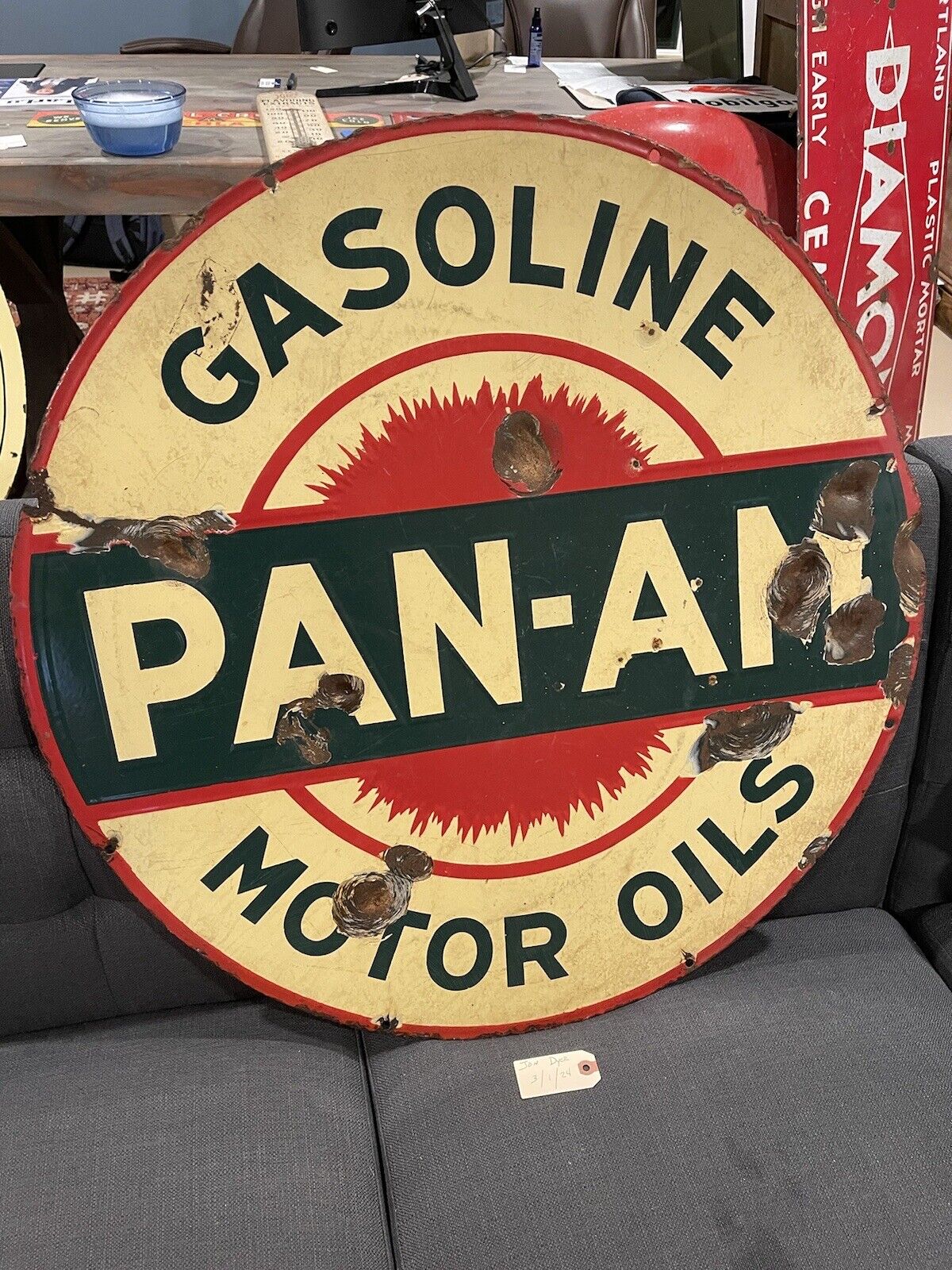 Antique Pan Am Gasoline Motor Oil Sign Original Rare 30” 