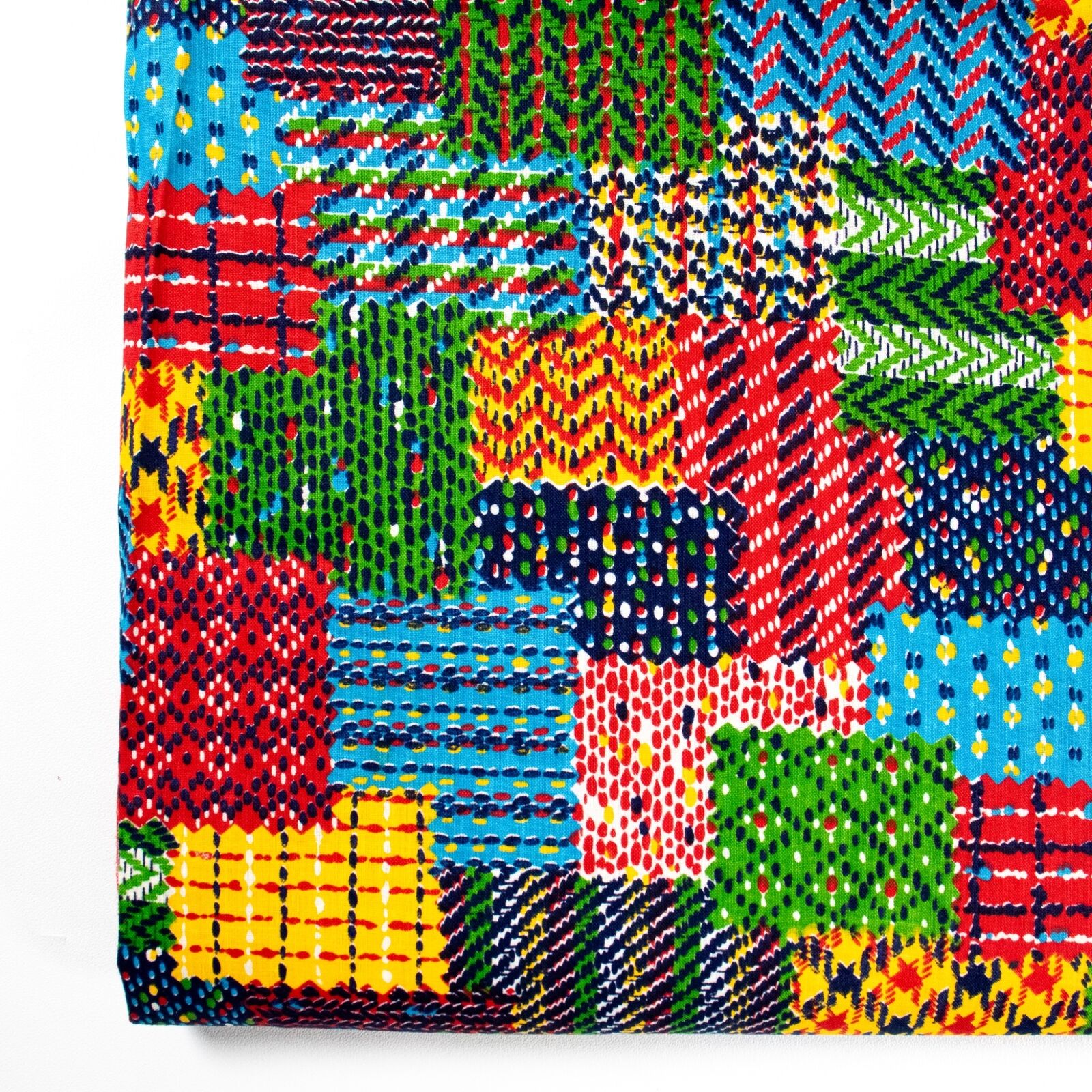 Vtg Cotton Fabric Faux Patchwork Primary Colors 44x38 50's 60's Plaid Gingham