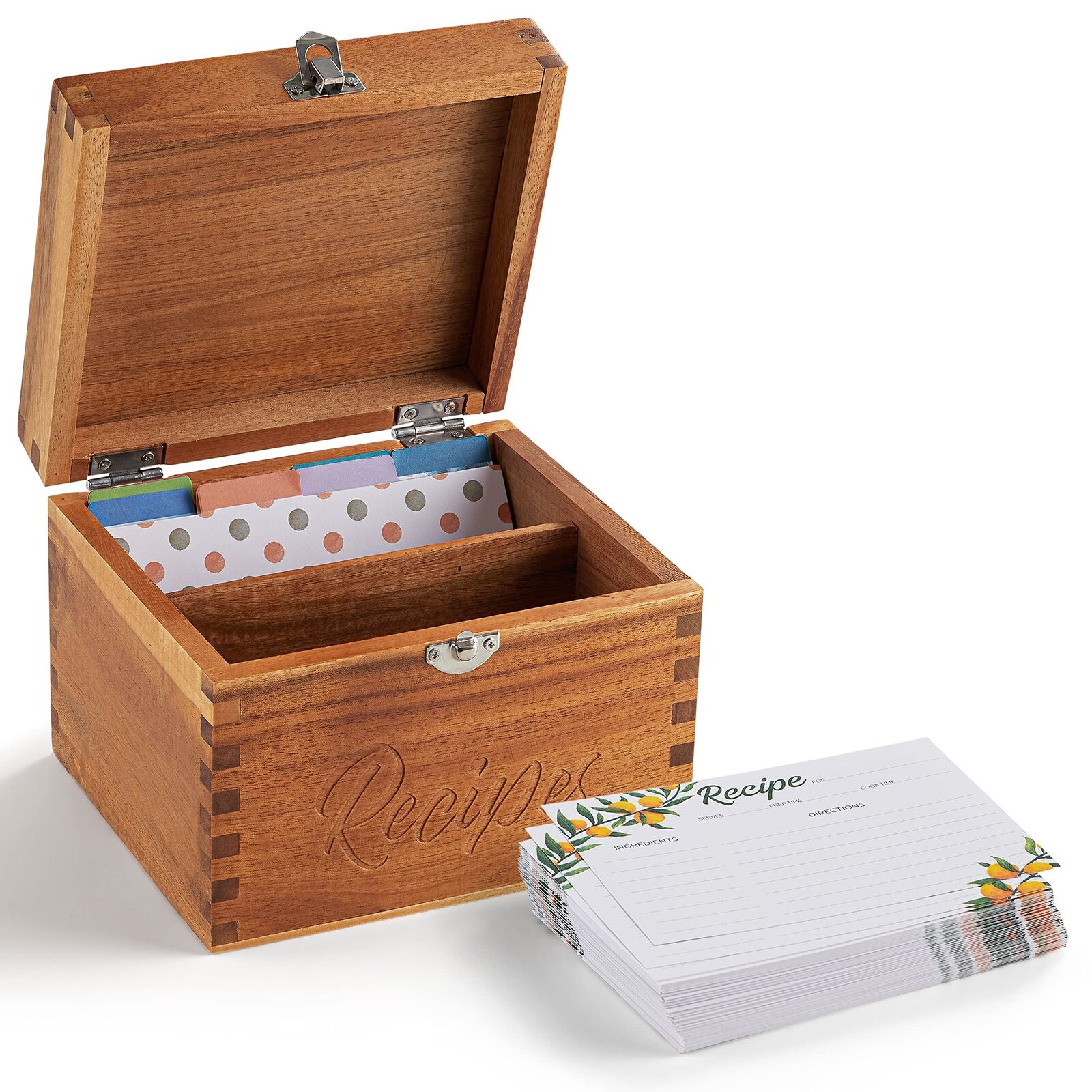 Acacia Wood Recipe Box with Cards - Blank Recipe Box Wooden Set Come with 100...