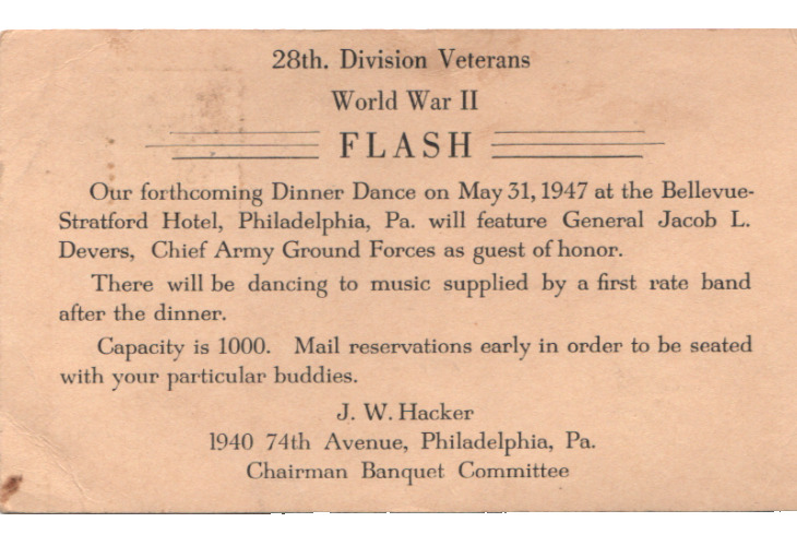Vintage Postcard 28th Division Veterans WWI FLASH Dinner Dance Gen. Devers 1947