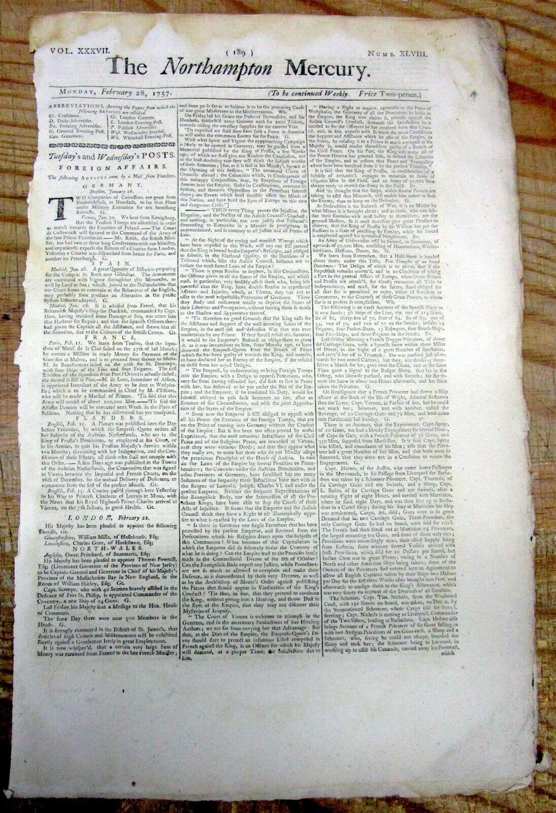 1757 newspaper British King appoints MASSACHUSETTS Governor + Slave ship capture