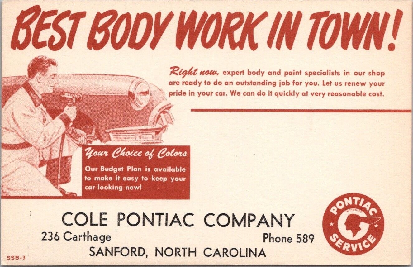 Sanford, North Carolina Car Postcard COLE PONTIAC Body Shop Advertising c1950s