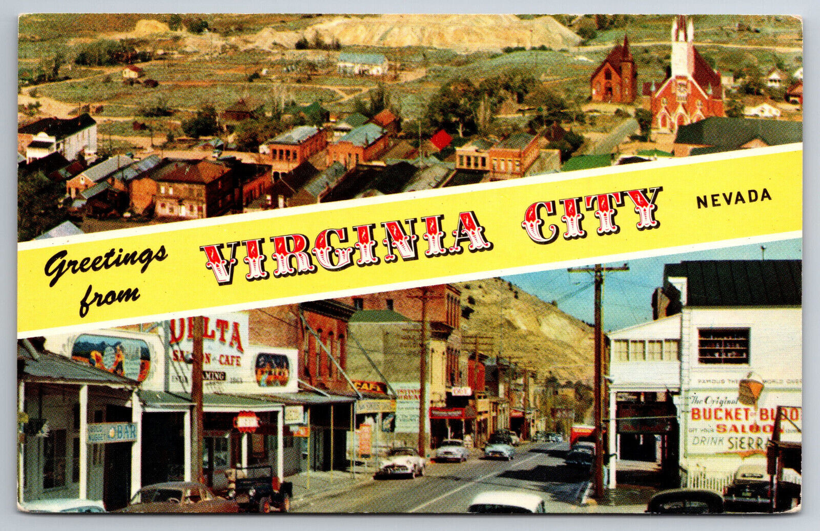 Vintage Postcard NV Virginia City Greetings Aerial View 50s Cars Shops ~6790