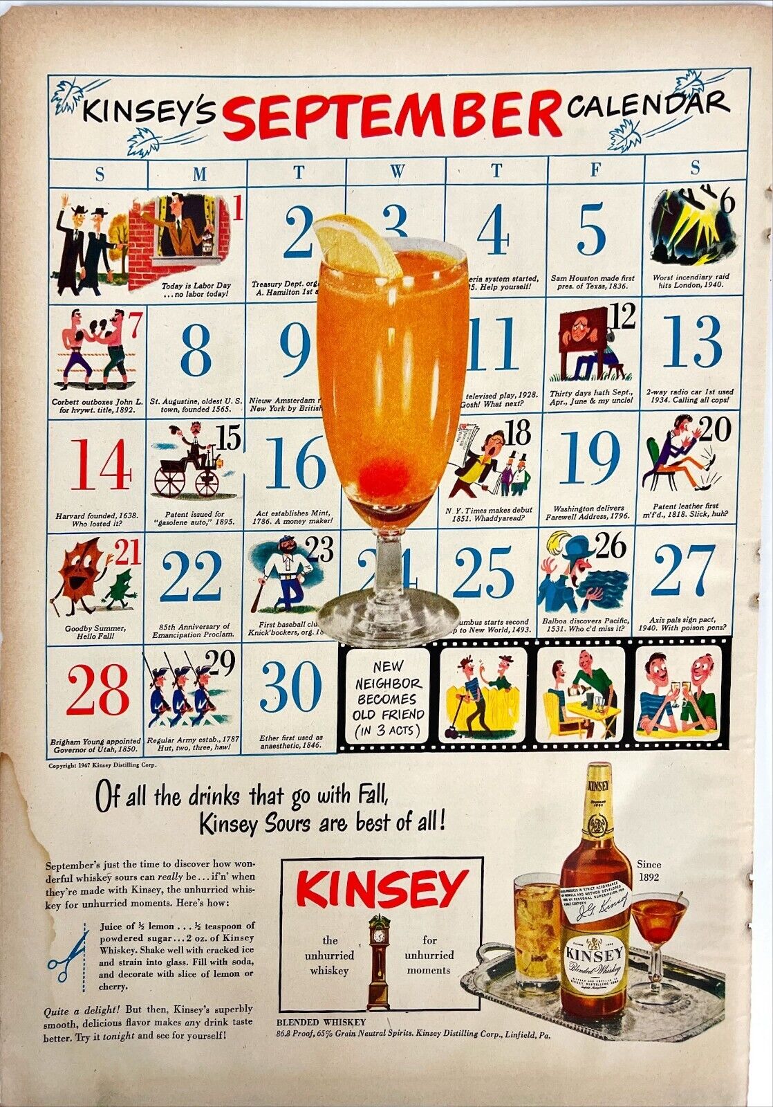 Kinsey Whiskey September Calendar Cocktail Recipe Vtg Print Magazine Ad 1940s