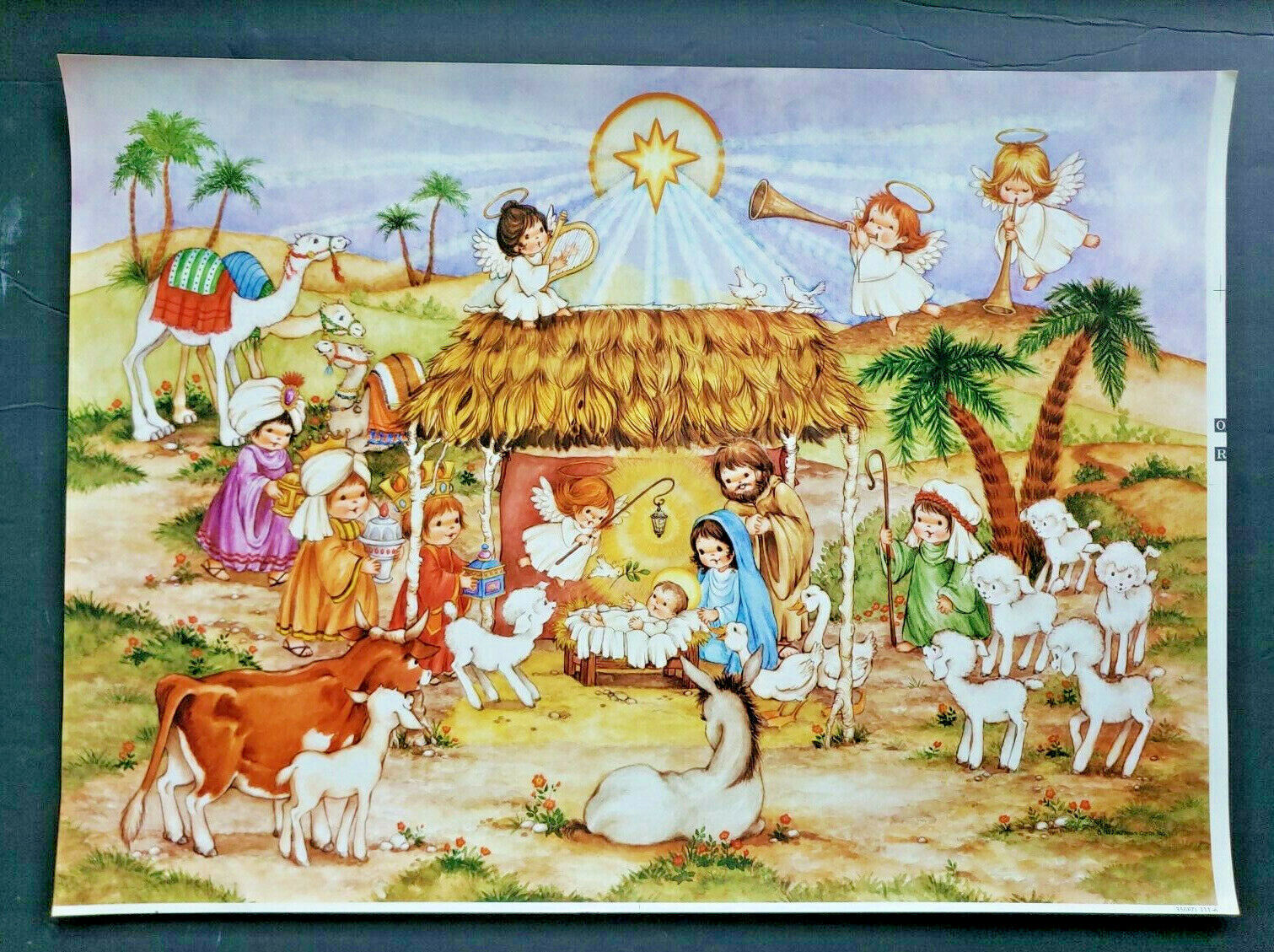 Vintage Nativity Sceen w/ Angels Animals Colorful Cartoonish Art Print 20\