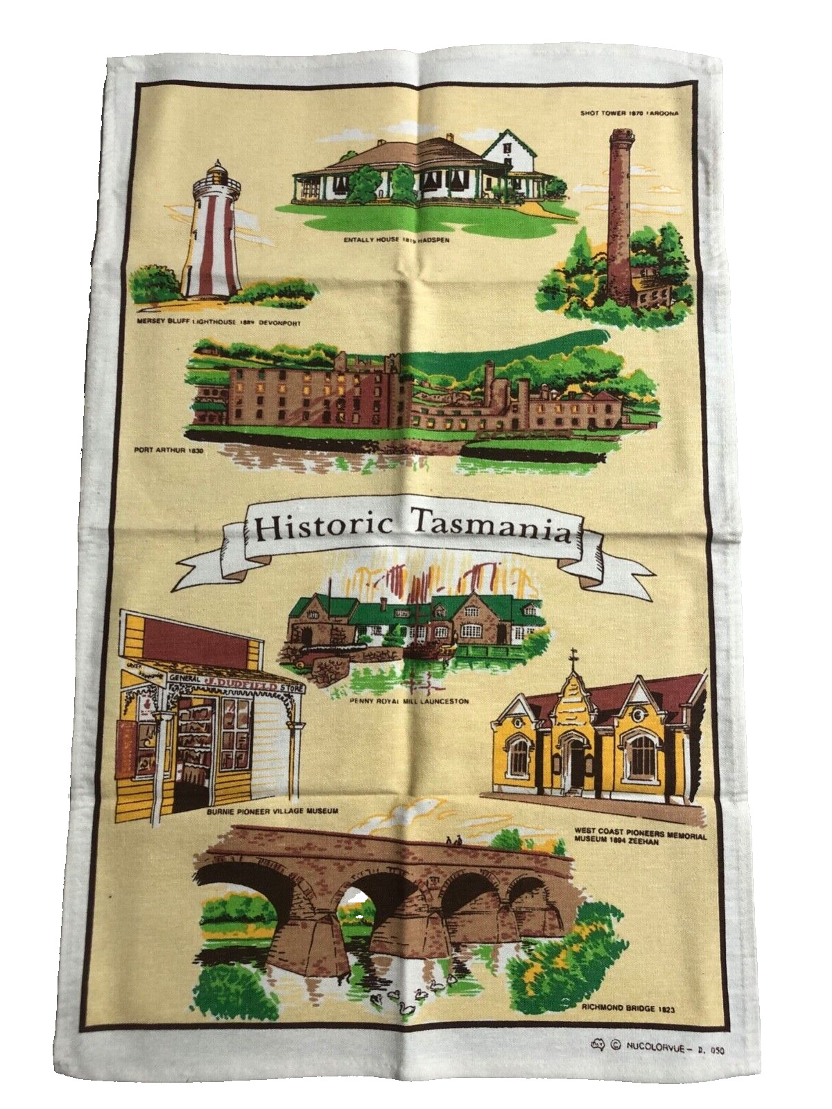 Vintage Cotton Linen Tea Towel Historic Tasmania Australia Sightseeing Souvenir