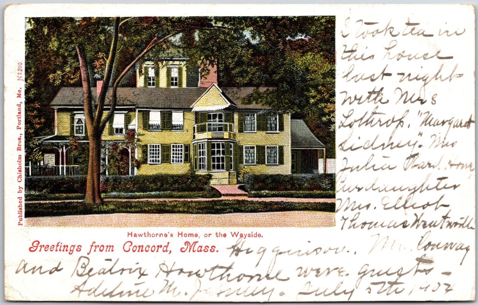 1904 Hawthorne\'s Home Wayside Greetings From Concord Massachusetts MA Postcard