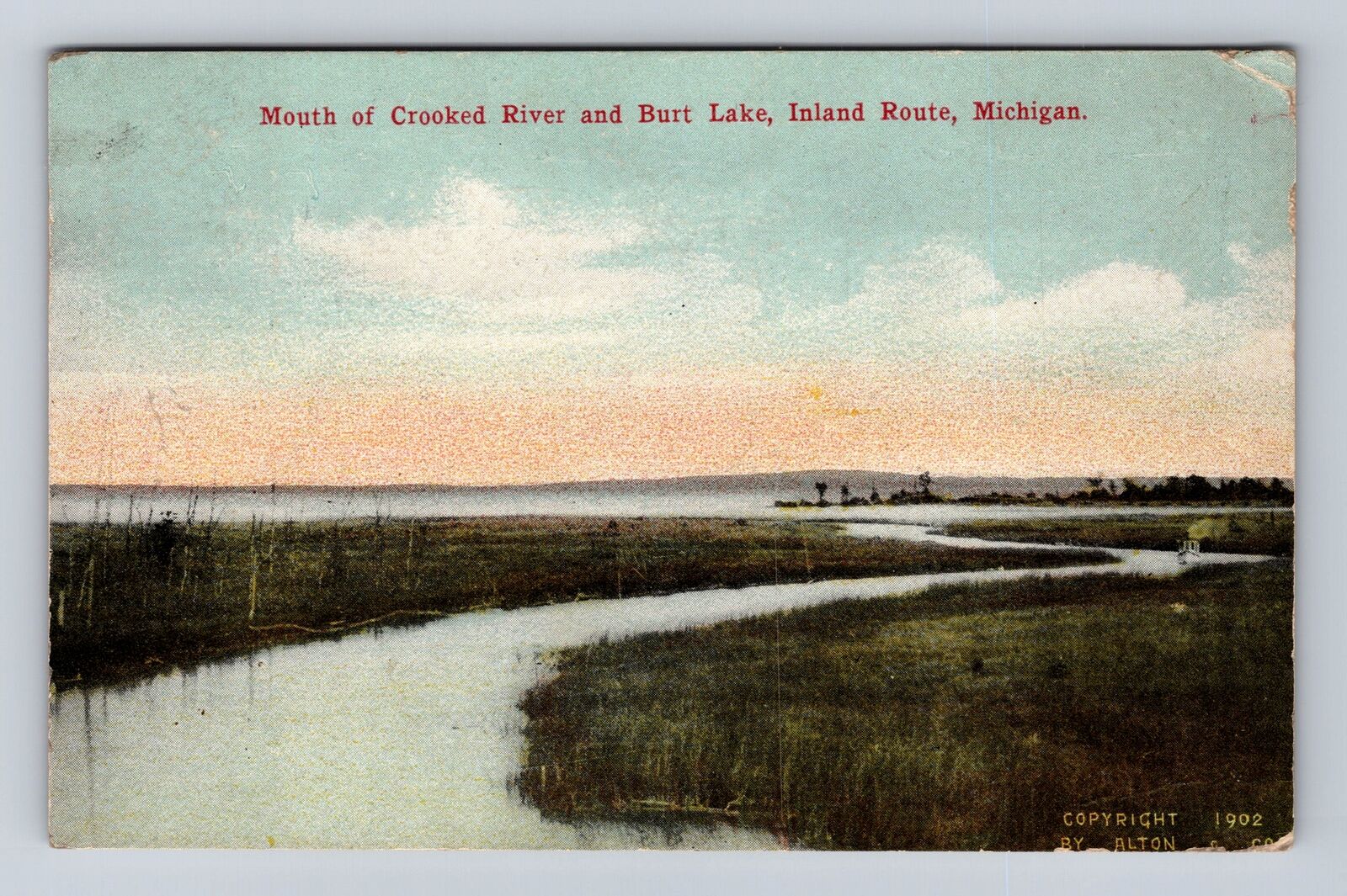 Burt Lake MI-Michigan, Crooked River, Burt Lake, Inland Rt, Vintage Postcard