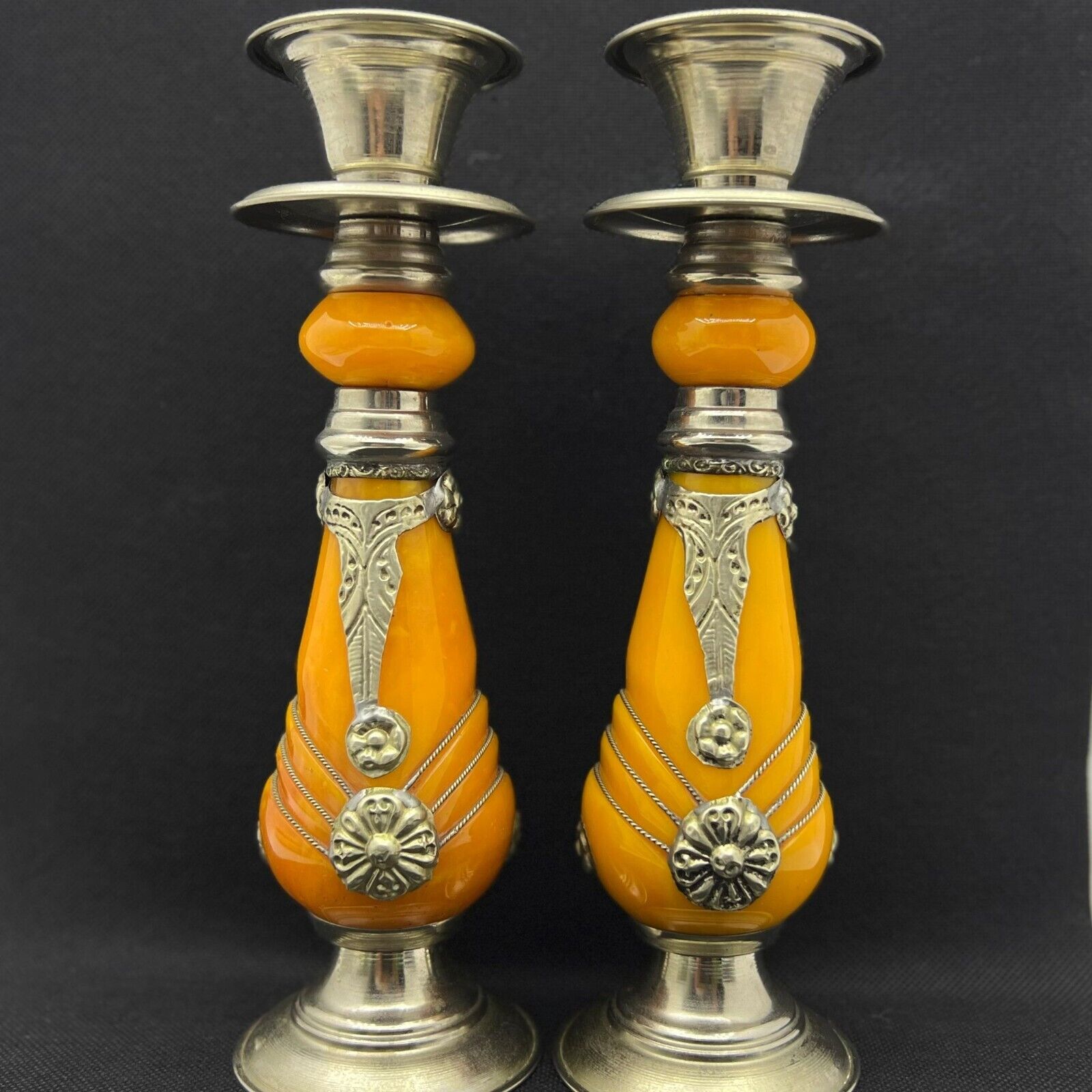 Vintage 2 Pcs Candle Holders Collectibles  Moroccan Hand Made Resin Home Decor