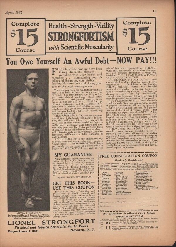 1924 LIONEL STRONGFORT FITNESS EXERCISE BODY BUILD MUSCLE HEALTH AD 14249
