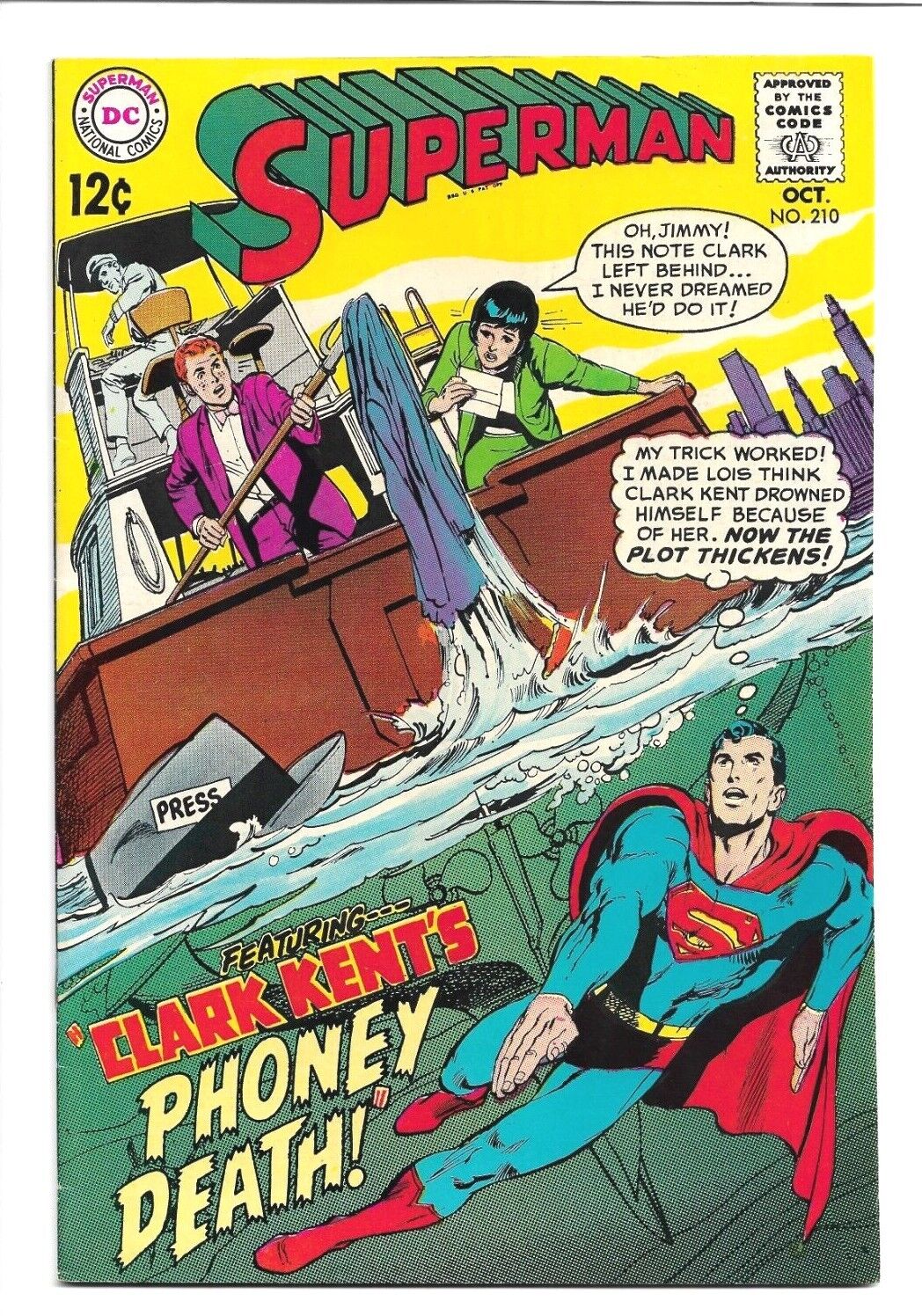 Superman #210, 1968, DC Clark Kent\'s Phony Death Leo Dorfman & Curt Swan 8.5 VF+