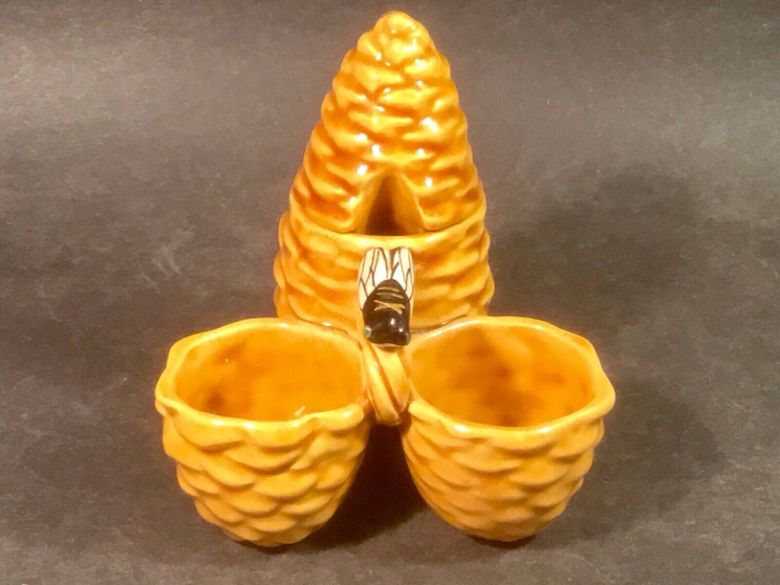 Vintage French Majolica Cicada in the Pine Cones Open Salt, Pepper & Condiment