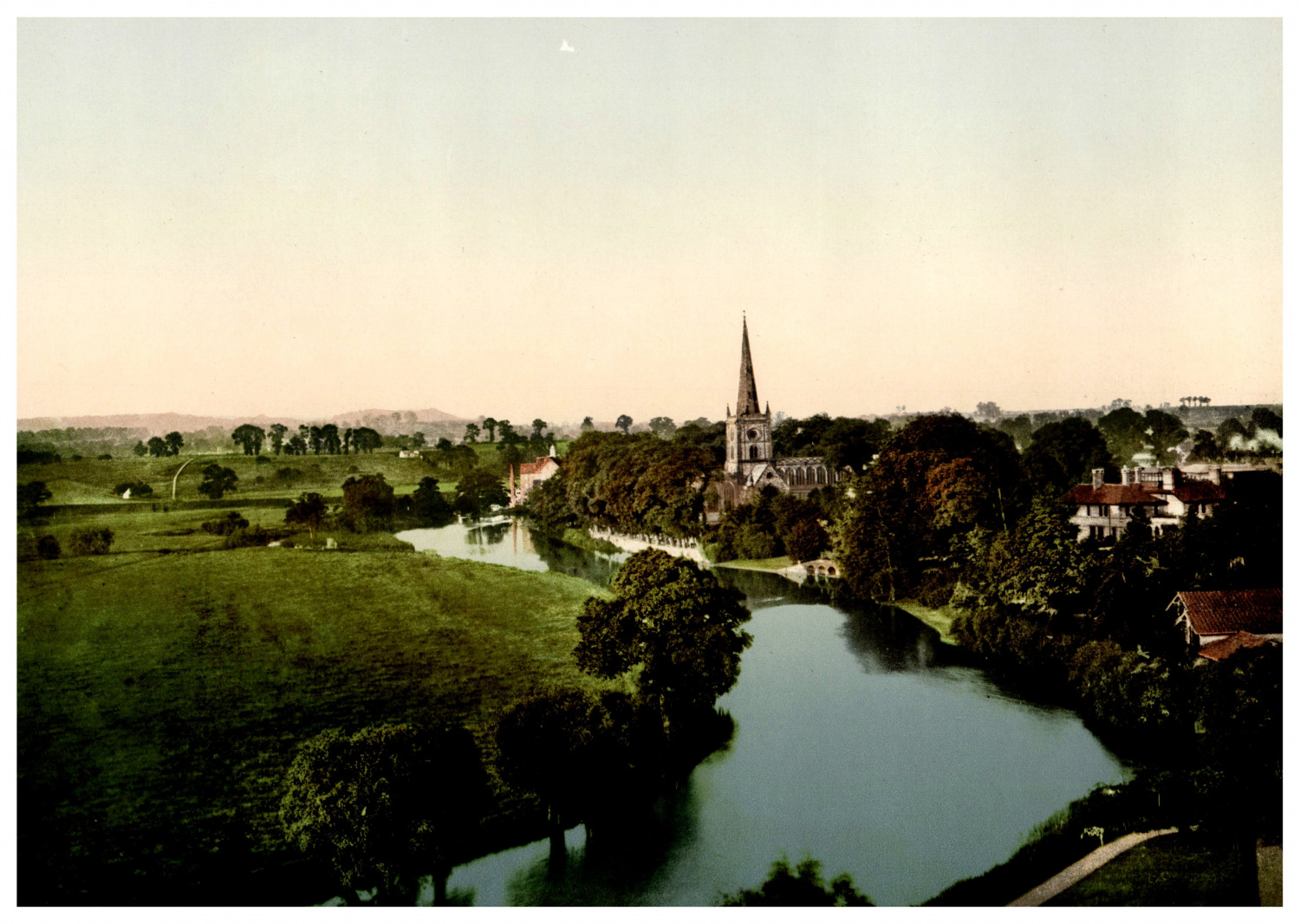 England. Stratford-on-Avon. Church and River.  Vintage Photochrome by P.Z, Pho