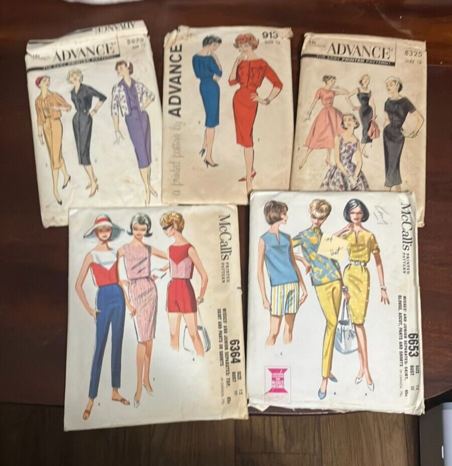 Lot of 5 Vintage 1950s & early-1960s Advance & McCall’s Sewing Patterns Size 12
