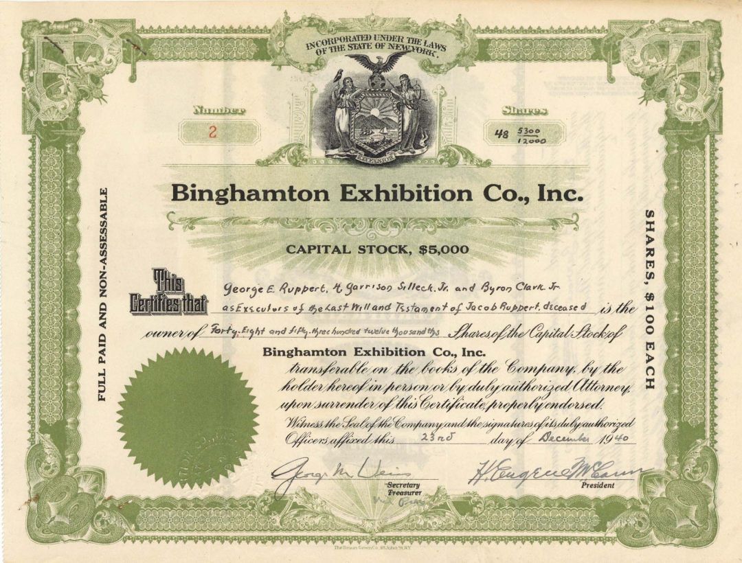 Binghamton Exhibition Co., Inc. issued to George E. Ruppert etc. - Autographed S