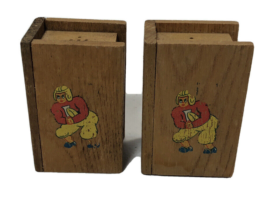 Vintage Wood Salt And Pepper Shakers Retro 50’s Football Player 2.25” Book Shape