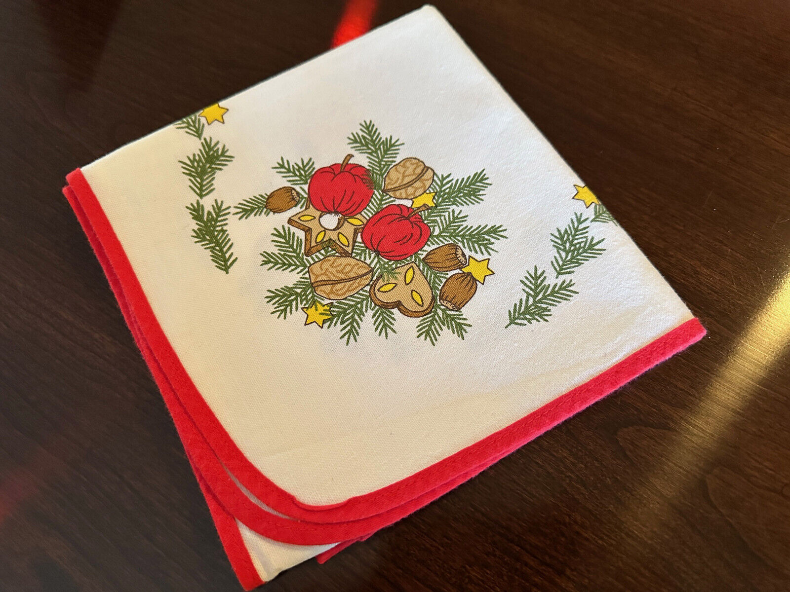 Vintage German Christmas Linen Table Topper Pine Cookies Stars Advent ~ Perfect
