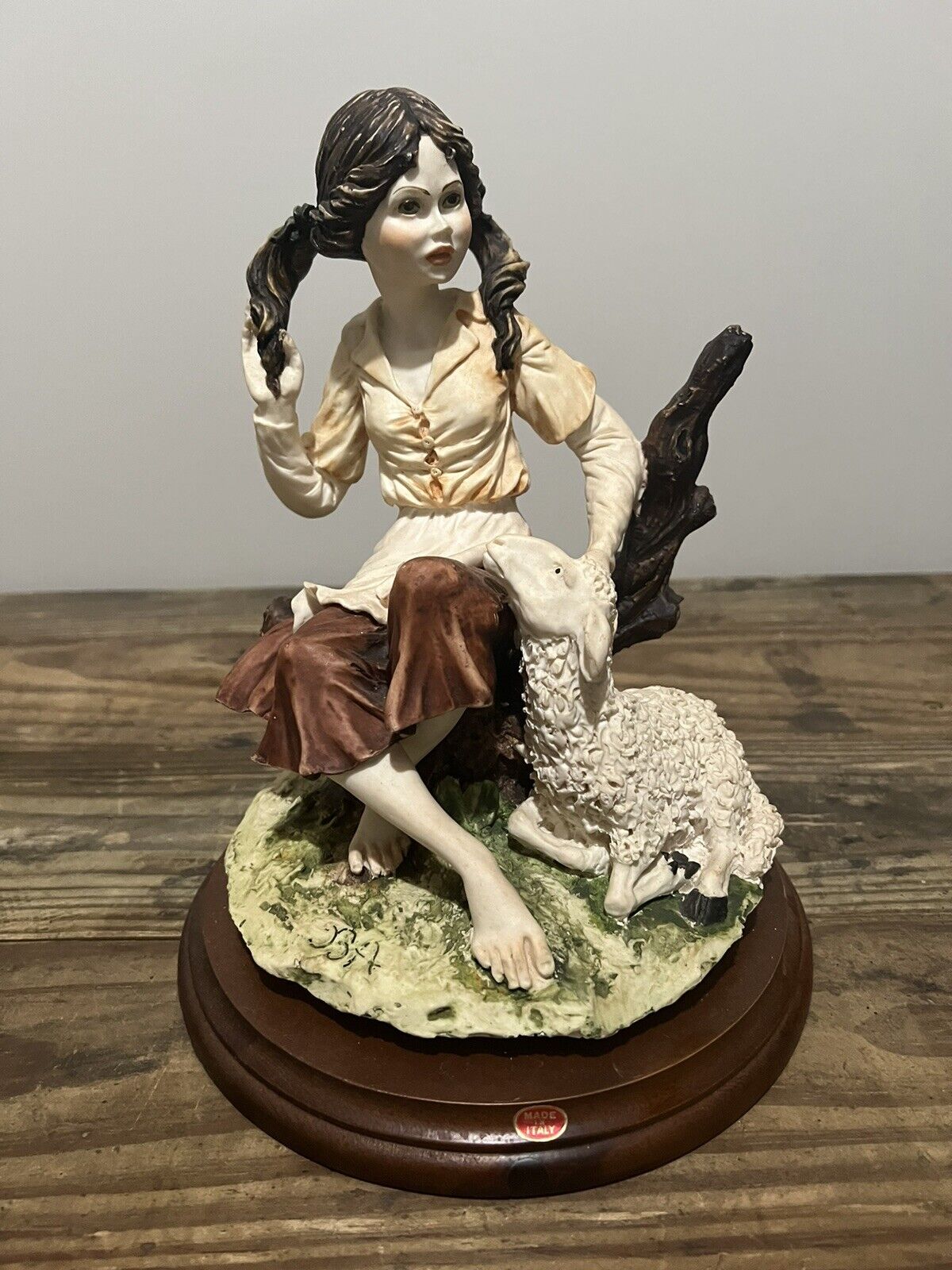 Rare Dear Sculture Artistiche - Young Girl With Lamb Hand Painted Italy Belcari