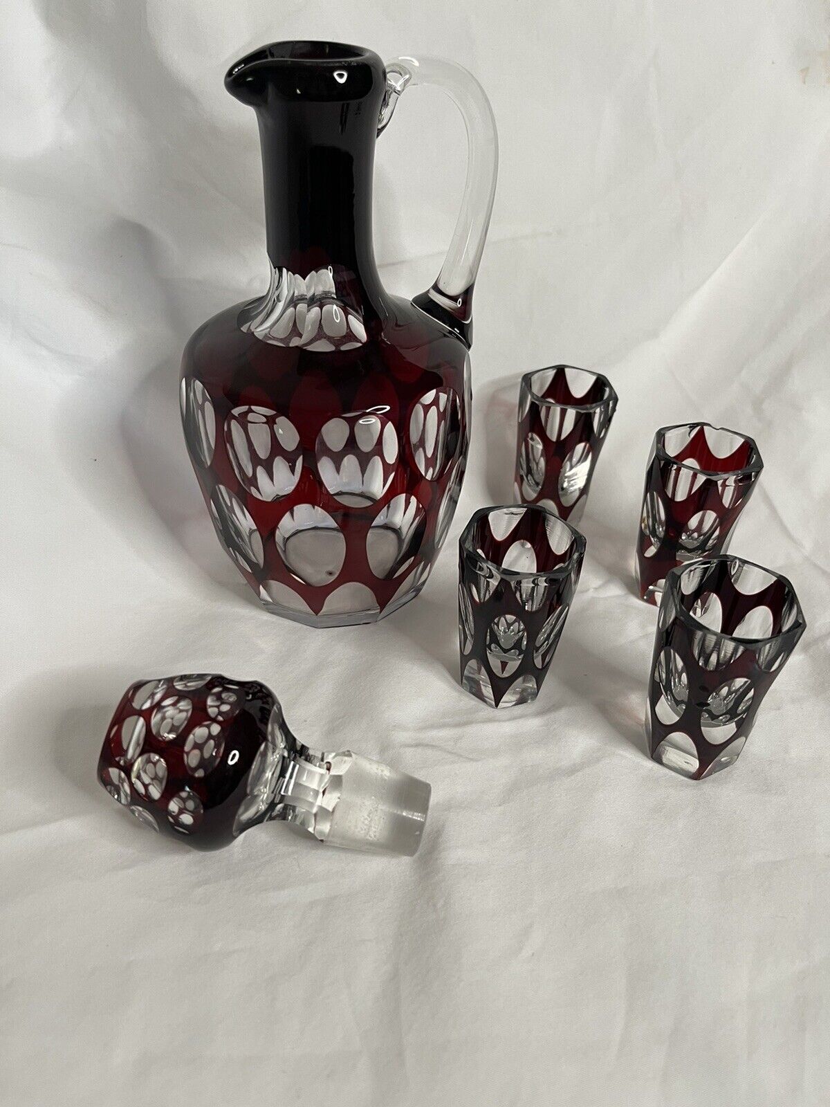 Vintage Dark cranberry decanter And Shot Glasses