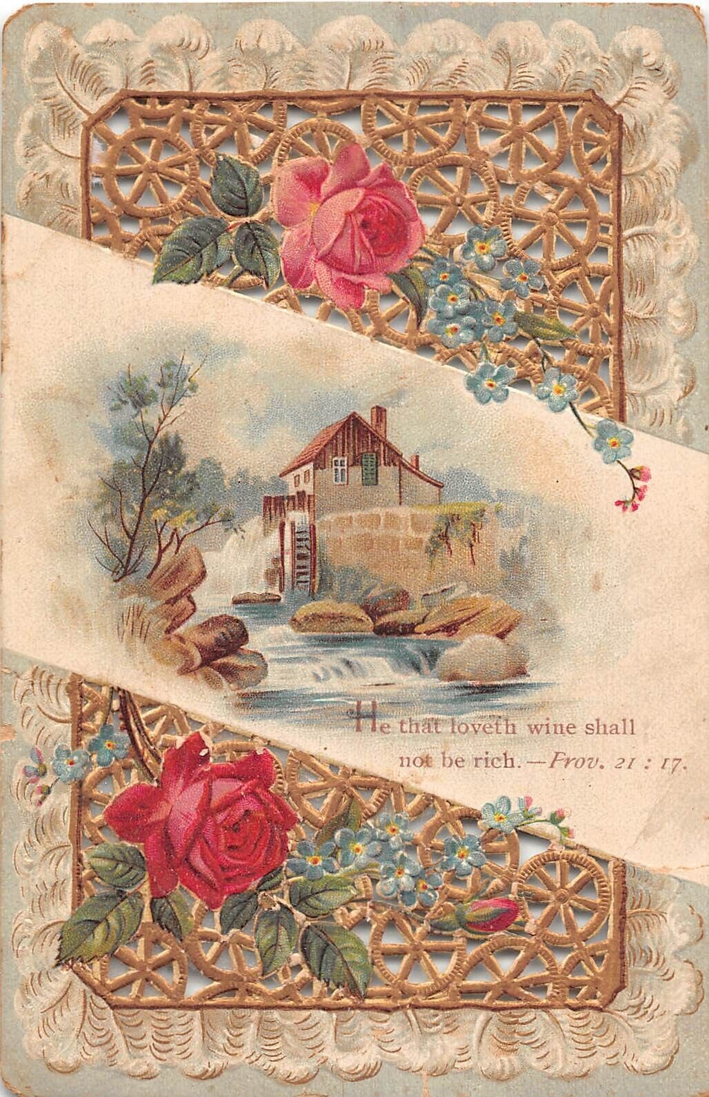 Die-Cut Old Religious Sunday School Card-Bible Verse With Mill Scene & Roses