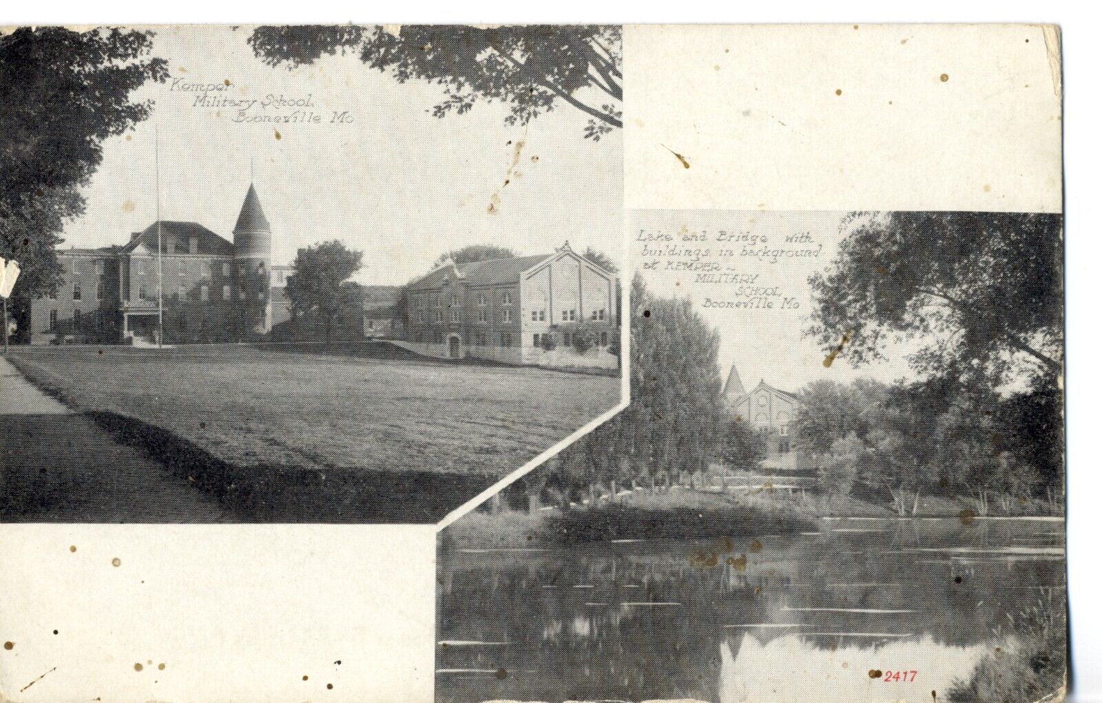 Kemper Military School; Lake & Bridge. Boonville, Mo. Missouri Postcard #2417