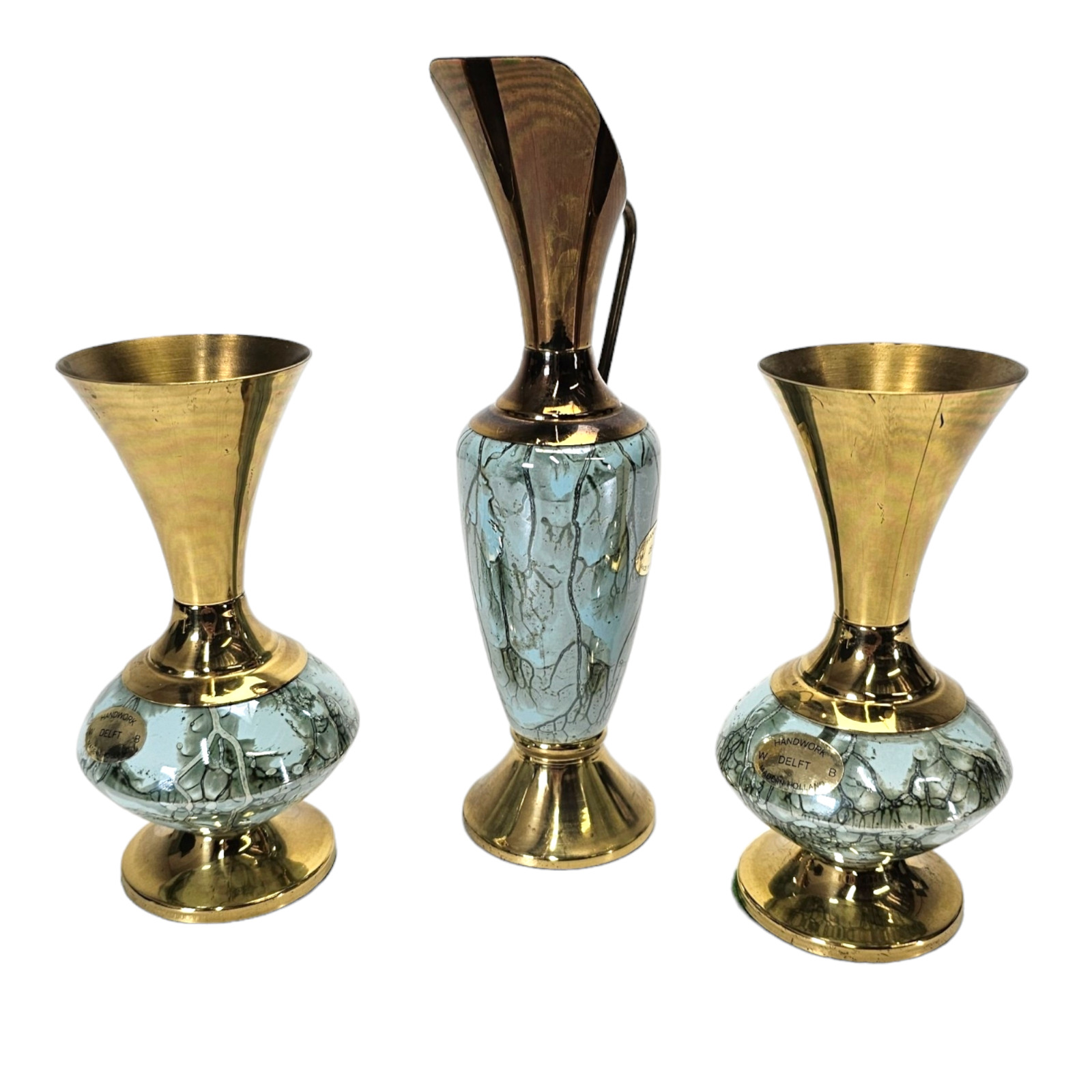 Vintage Delft Accents Brass Blue Gold Enamel Vases Holland Set of (3)
