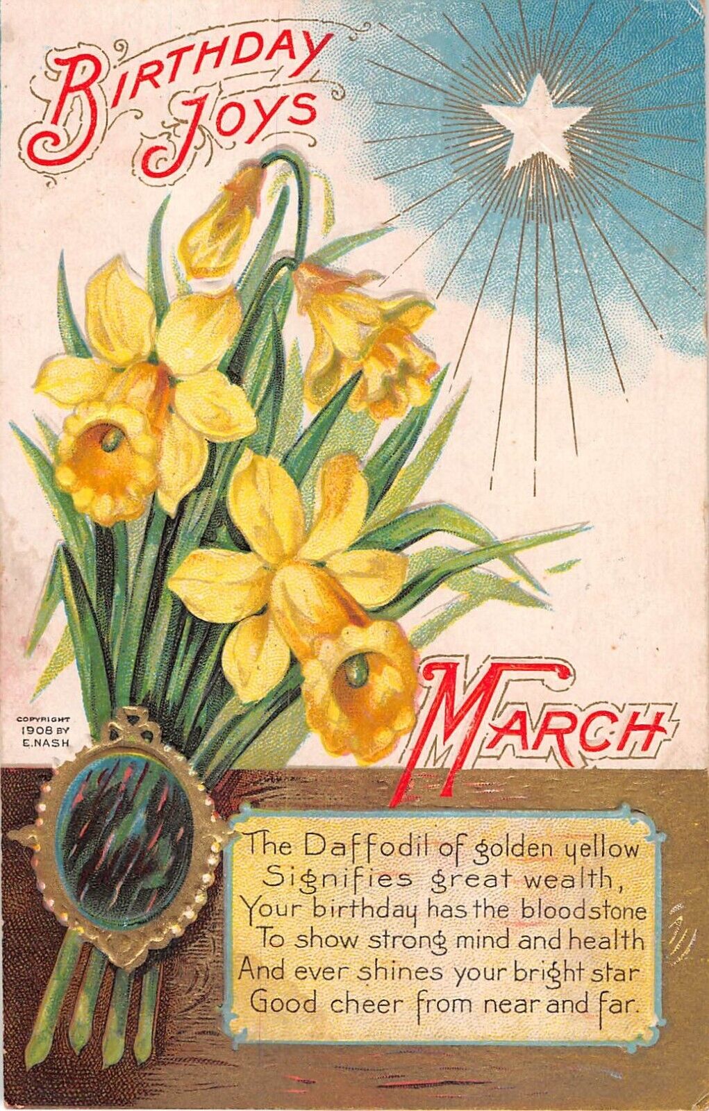 1909 Gem & Flower Birthday PC for Month of March With Daffodils & Bloodstone