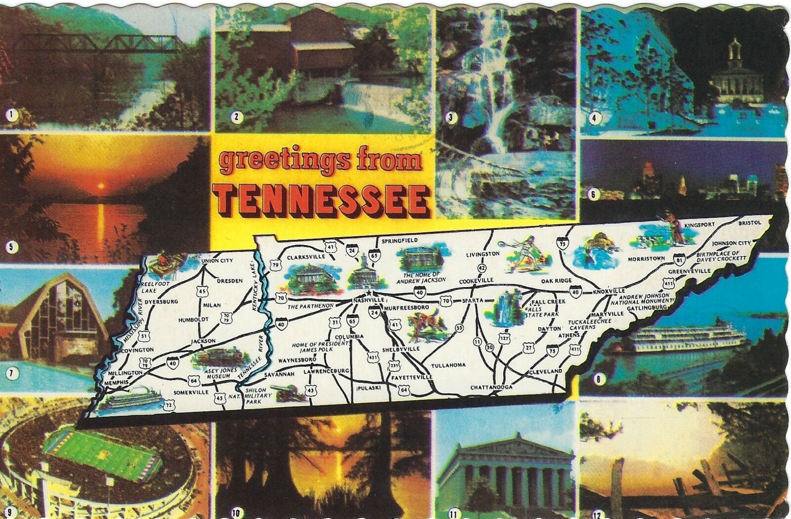 Vtg Chrome Postcard Tennessee TN Greetings Multiview Map