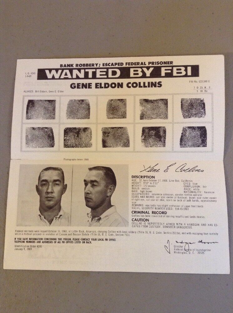 AUTHENTIC ERIE RAILROAD FBI WANTED POSTER Gene Eldon Collins