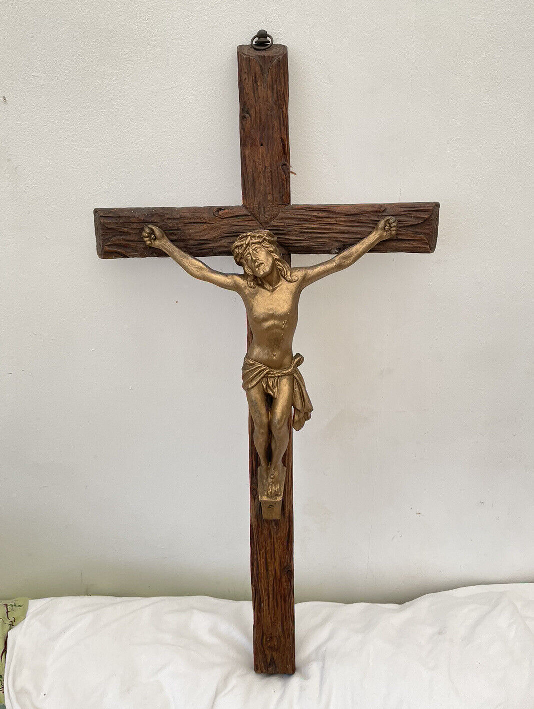 28” Antique French Cross Crucifix Wood Gilt Metal Church Gold Large Wall Christ
