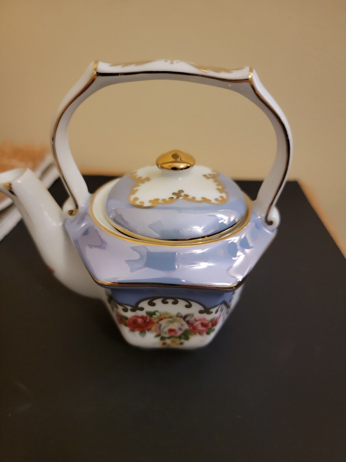 Vintage Kaldun And Bogle Floral  Teapot Blue/gold Gilt