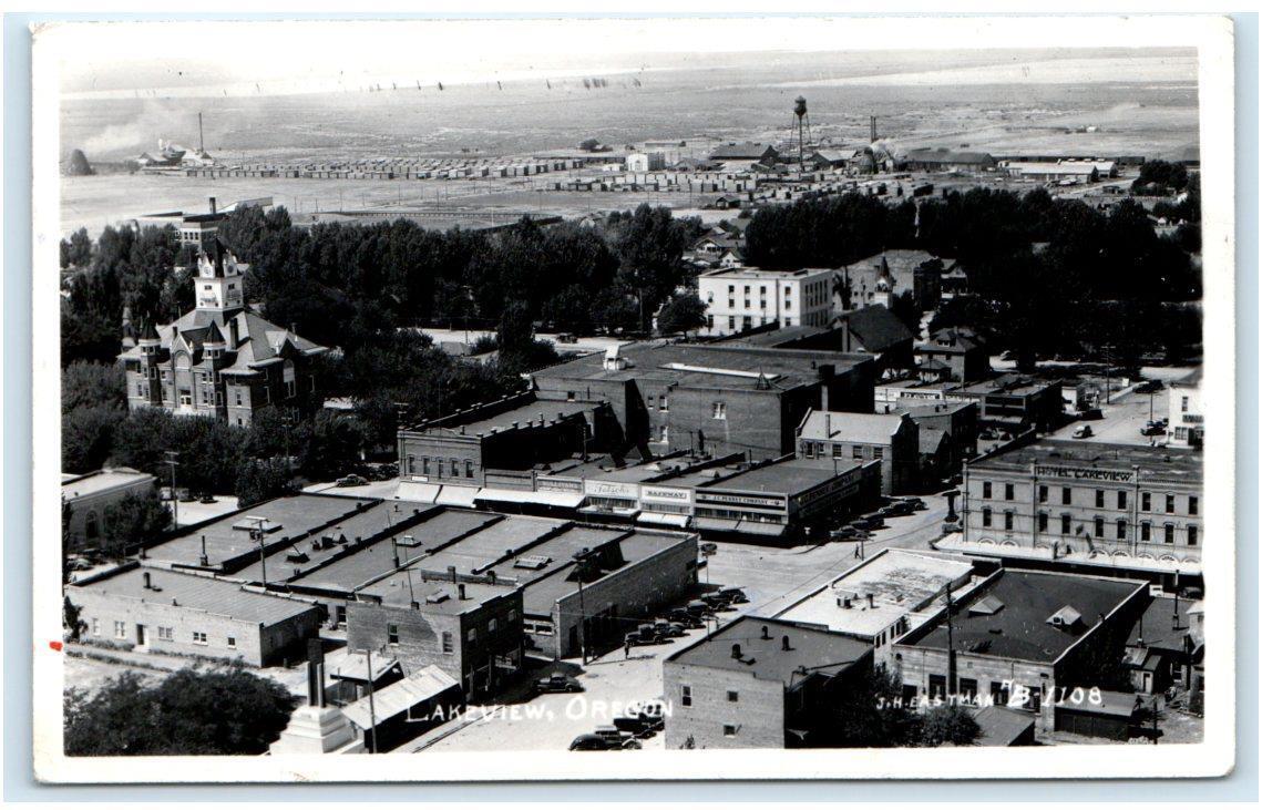 RPPC LAKEVIEW, OR ~  Close In BIRDSEYE of BUSINESS DISTRICT Lake County Postcard