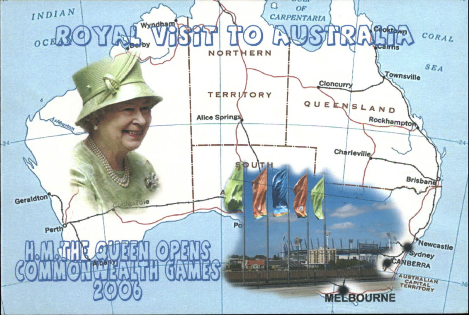 Queen Elizabeth 2006 visit to Australia ~ map ~ commonwealth Games ~ postcard