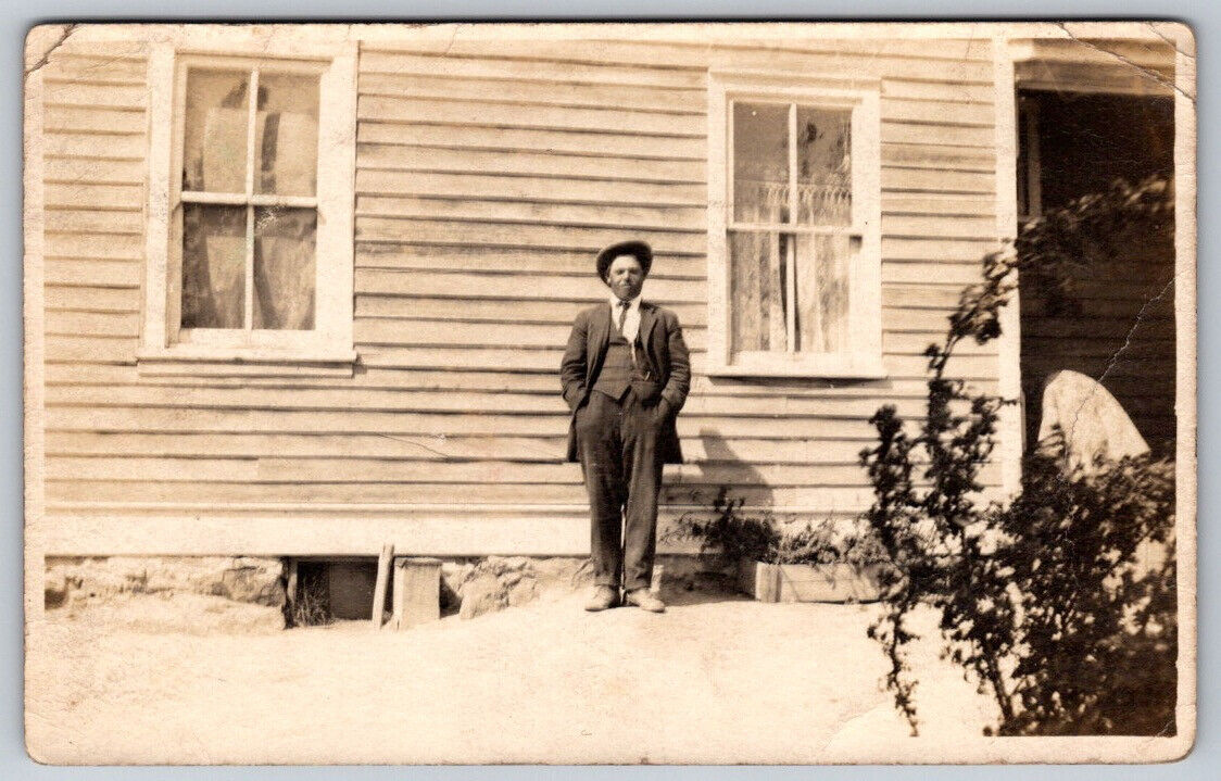 Picture of a Man in Front of a House Residence RPPC Real Photo Postcard