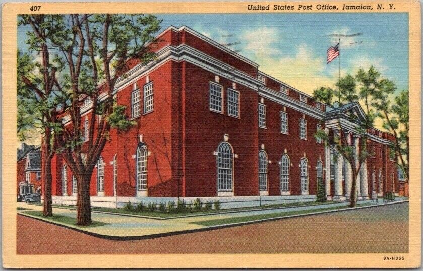 JAMAICA, New York Postcard POST OFFICE Street View / Curteich Linen 1943 Cancel
