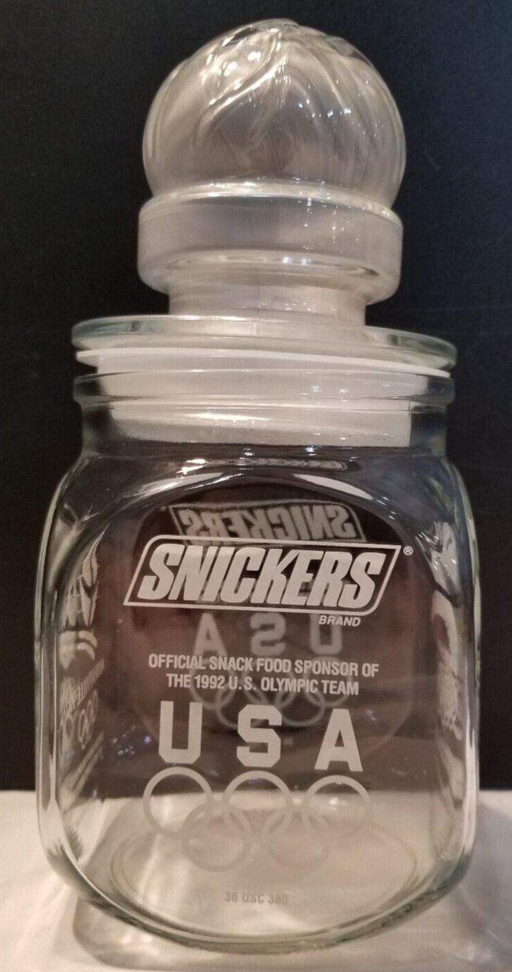 Snickers Canister Jar with Lid Clear Glass 1992 Olympic Team USA Barcelona Nut