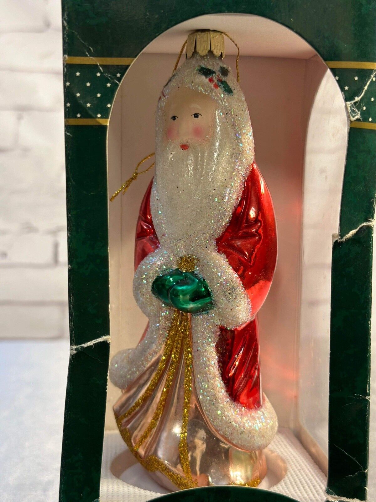 Santa’s Best European Style Glass Santa Claus Glitter Christmas Ornament Vintage