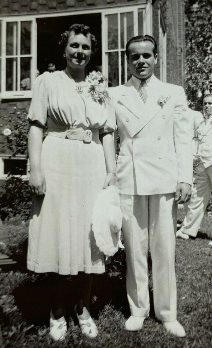 Man In White Suit With Woman Wedding B&W Photograph 2.75 x 4.5