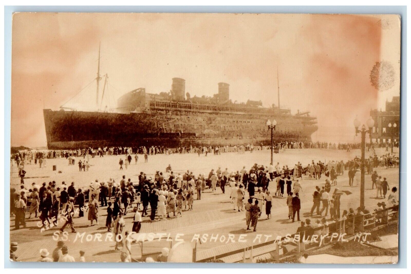 1934 SS Morro Castle Steamer Ship Ashore At Asbury Park NJ RPPC Photo Postcard
