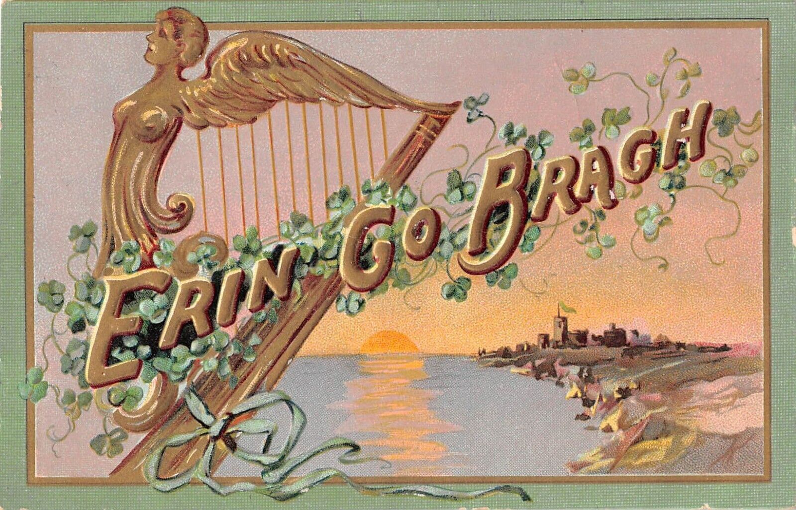 Harp, Shamrocks & Scene of Irish Coast-1909 Tuck St. Patrick\'s Day PC-Erin Go Br